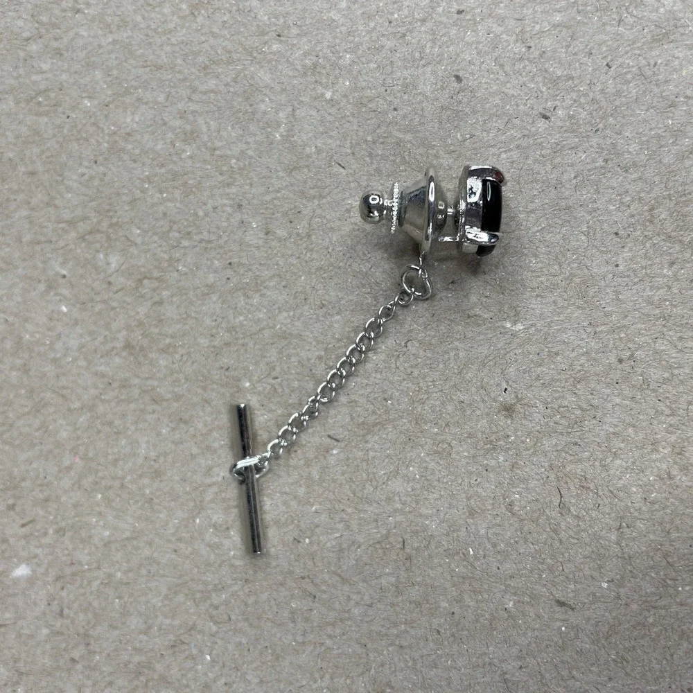 Vintage Black Stone Tie Tack Lapel Pin‎ Style Suit Accessory Silver Tone